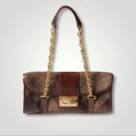 RALPH Lauren Bag Y2K Baguette Shoulder Genuine Suede and Croc Embossed Leather - Picture 1 of 12